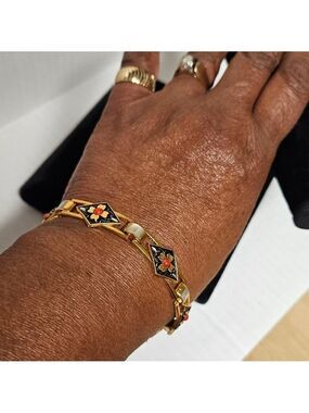 Vintage Damascene-Style Panel Link Bracelet with Faux Mother of Pearl Bracelet